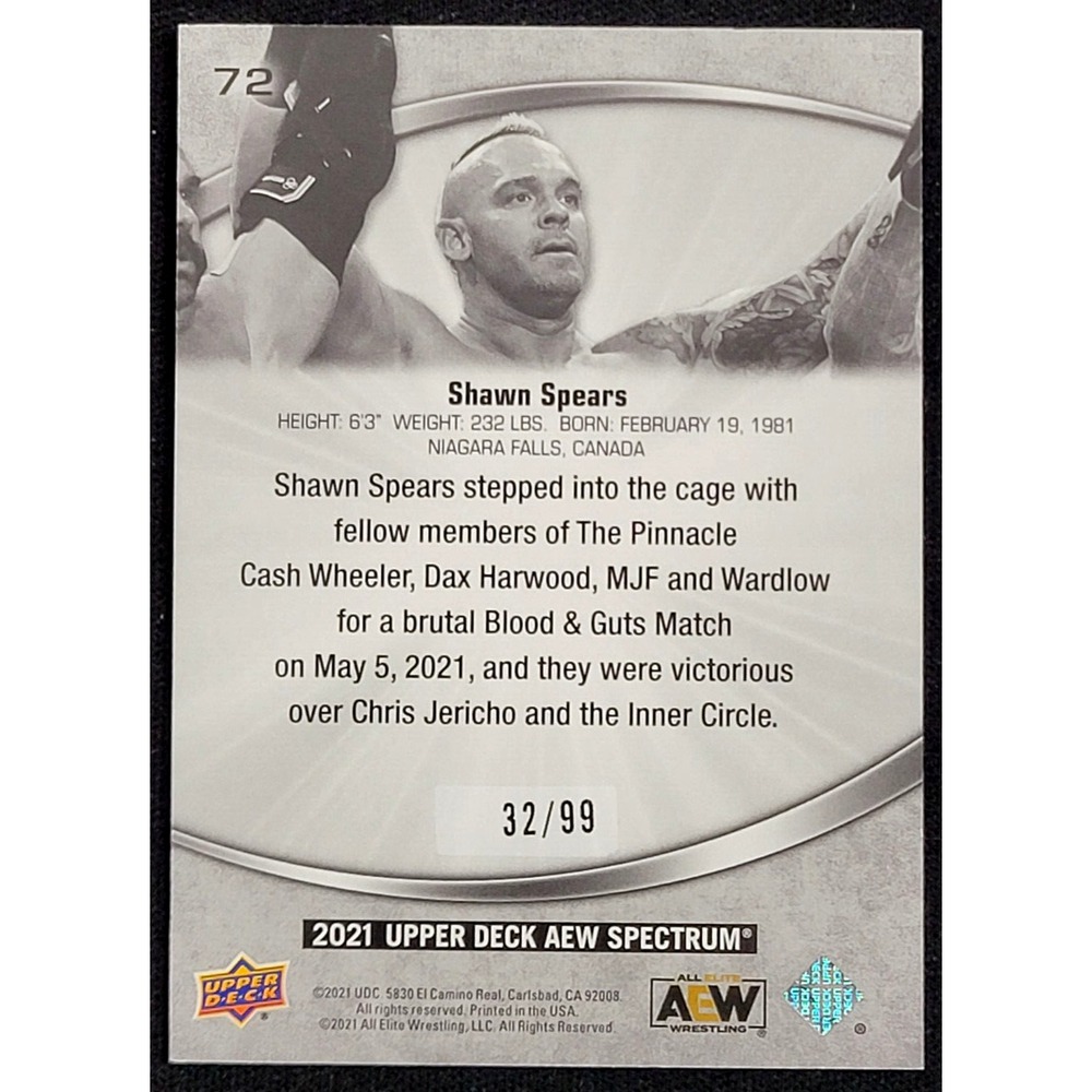 2021 UPPER DECK AEW SPECTRUM SHAWN SPEARS DARK #D 32/99 - Picture 2 of 2